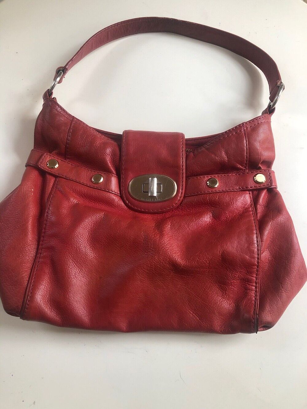 Michael Kors Red Leather Studded Hobo Shoulder Handbag Purse